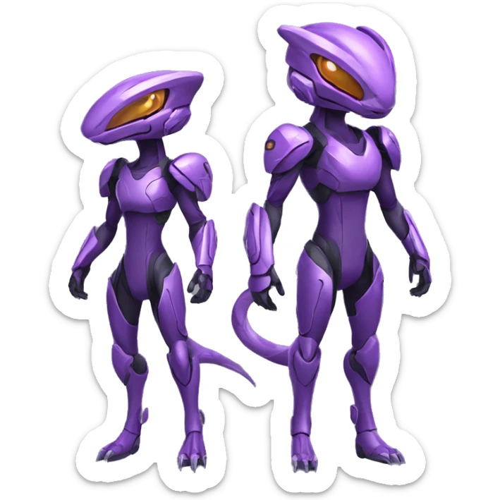 A purple Reptile-Raptor-Genesect-Mewtwo-Fakémon, with a futuristic visor-helmet, wearing a techwear-suit, Full Body sticker