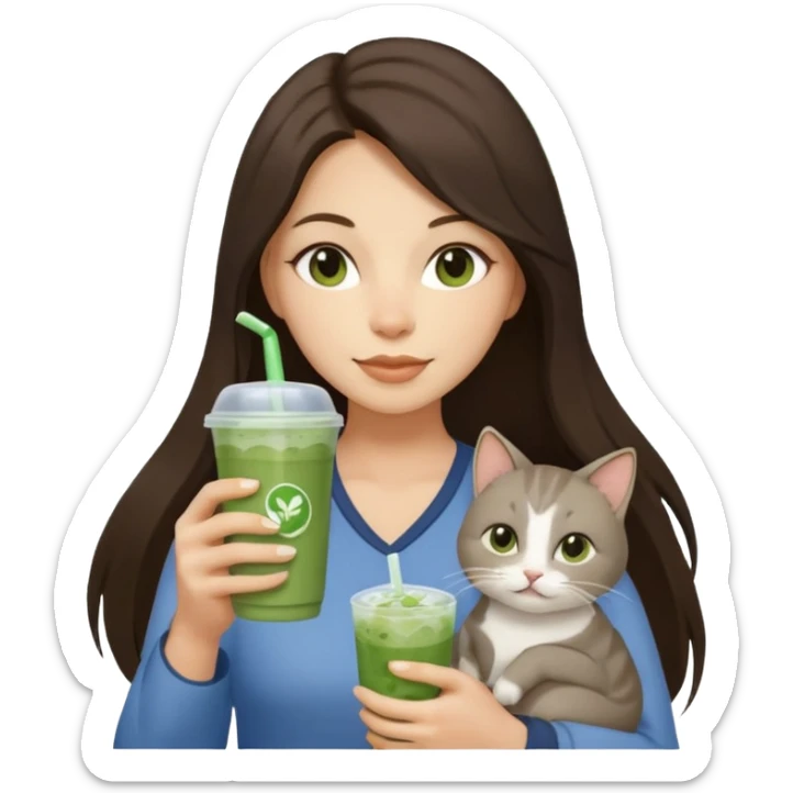 a brunette woman with long hair in here 30S drinking an iced matcha, carrying a grey cat and a map of the world sticker
