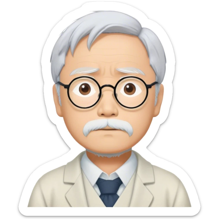 Cinematic Realistic Hayao Miyazaki Portrait Emoji, depicted as a visionary filmmaker with a gentle imaginative expression and artistic flair, rendered with delicate textures and soft enchanting lighting that captures his legendary storytelling. sticker