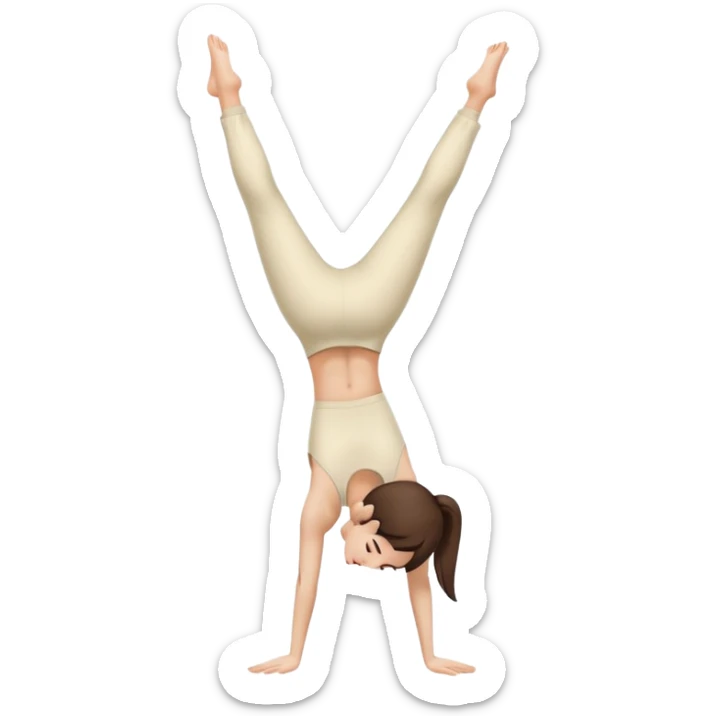 Brunette Girl side view handstand legs together straight legs iin cream pants sticker