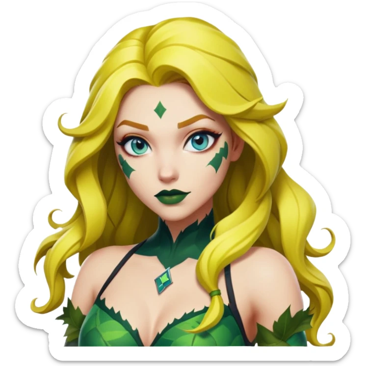 poison ivy fortnite skin blue eyes, dark light green lips, yellow hair  sticker