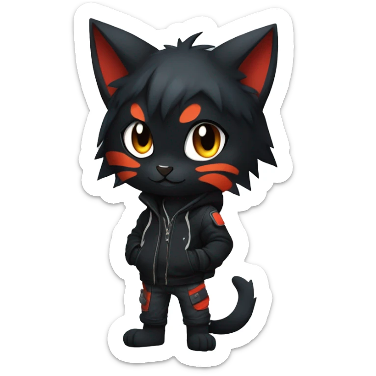 Edgy Shy Anthro boyish cool pretty dark black Litten-Pokémon-cat-fursona techwear sticker