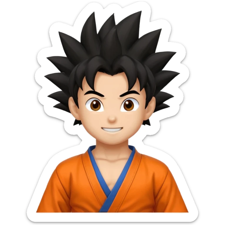 Son Goku emoji, spiky black hair, orange martial arts outfit, smiling sticker