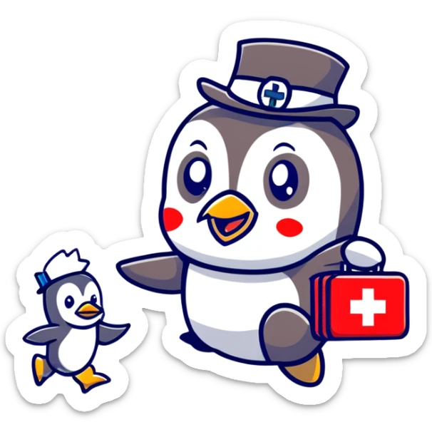 side view of a doctor penguin running with a top hat holding a first aid medical box with a red cross sticker