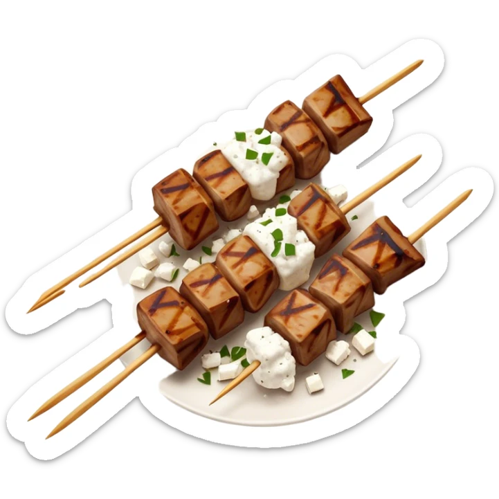 Souvlaki Cinematic Realistic Souvlaki Dish Emoji, depicted as skewered, grilled meat served with a side of crumbled feta cheese, rendered with rich textures and dynamic, appetizing lighting. sticker