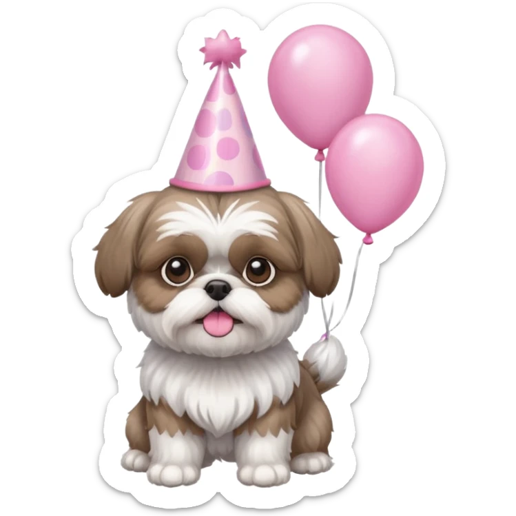 cute shih tzu hold a few pink balloons  with pink birthday hat sticker