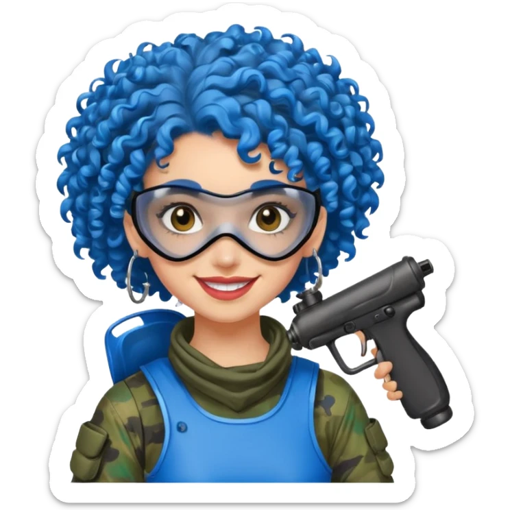 blue curly haired paintball player girl with huge earrings, wearing paintball mask sticker