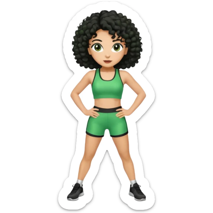 woman with olive skin and curly black hair wearing a green workout outfit (shorts) and standing in a disco pose sticker