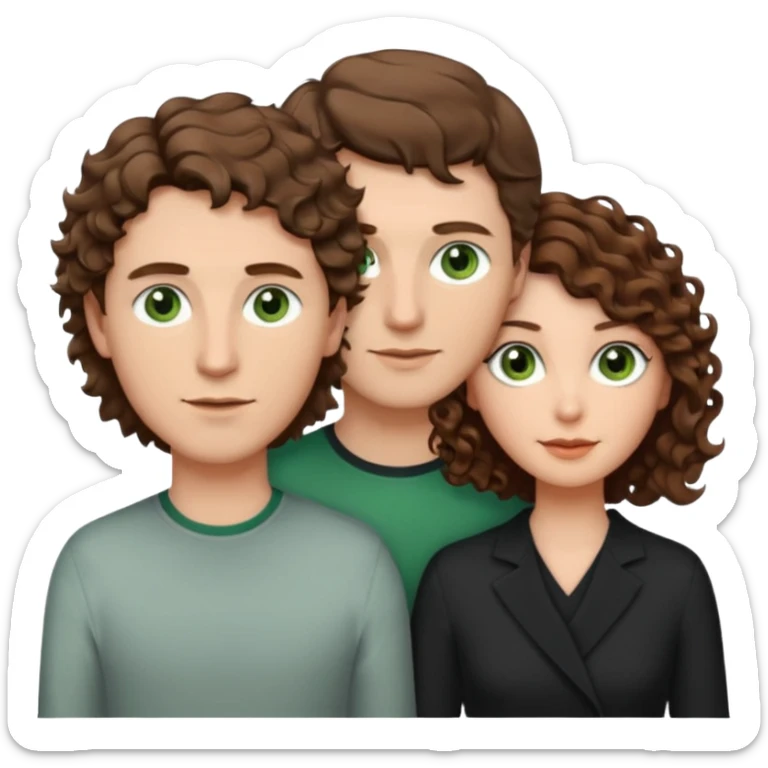 White Man in the middle with brown hair and green eyes, women next to him with short brown hair with slight waves, taller women on right side with shoulder length curly hair and brown eyes sticker