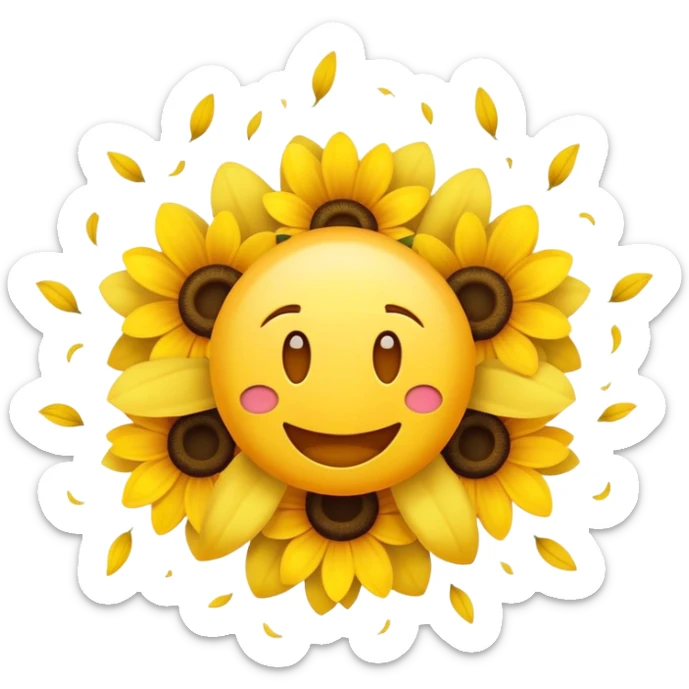 Je souhaite un emoji jaune heureux avec un crâne qui explose en pétales de fleurs, il a les dents du bonheur, et est rigolo sticker
