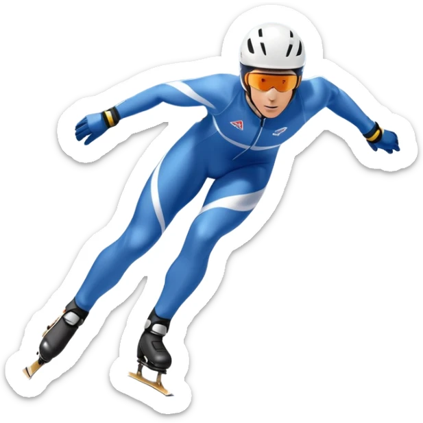 An icon showing a grand arena, snow-covered mountains in the distance, and a crisp blue sky. professional speed skater leaning into a turn on a polished ice track, dressed in a sleek suit and helmet. Transparent background highlights speed and precision. sticker