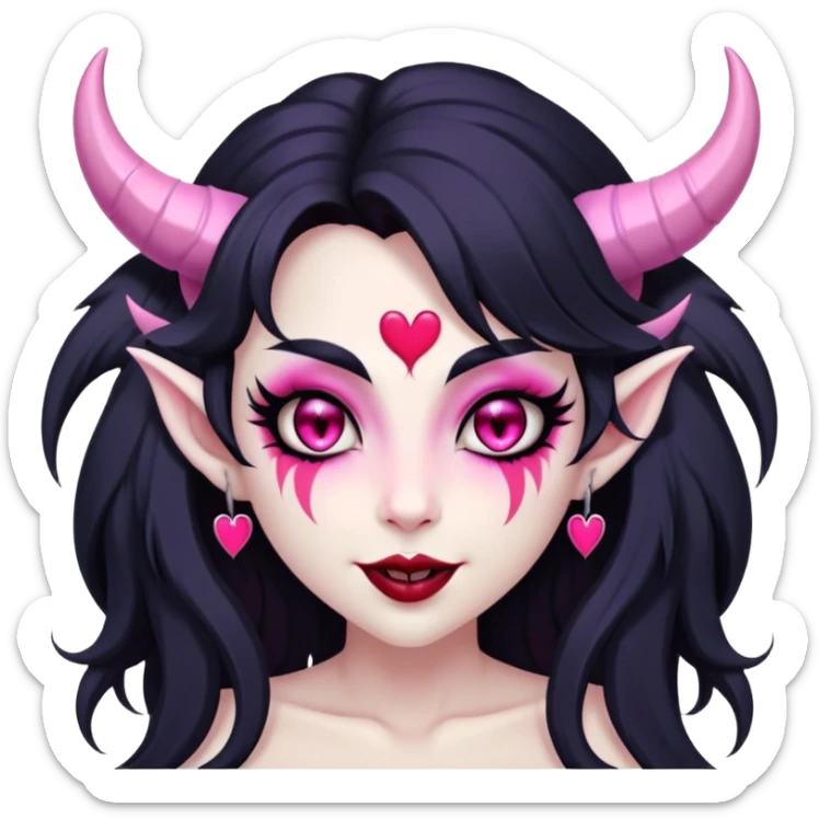 Succubus, pink irises, heart pupils, black long shaggy hair, light grey skin, white horns curving towards forehead, succubus horns, flirty smile, full lips, black lips, cute fangs sticker