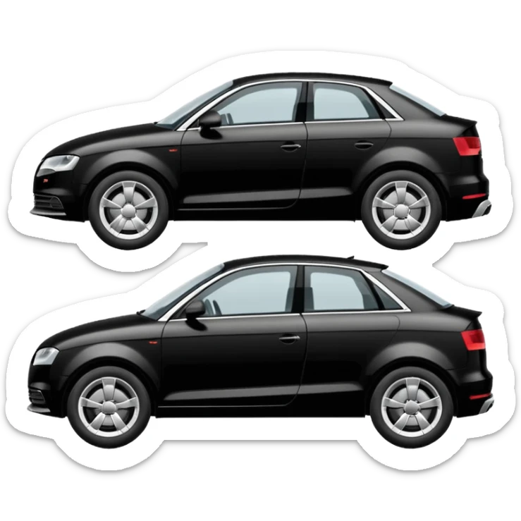 create an ios emoji of a black car, car shape must be similar to a model audi a3, being towed by a tow car. profile horizontal view on transparent background sticker