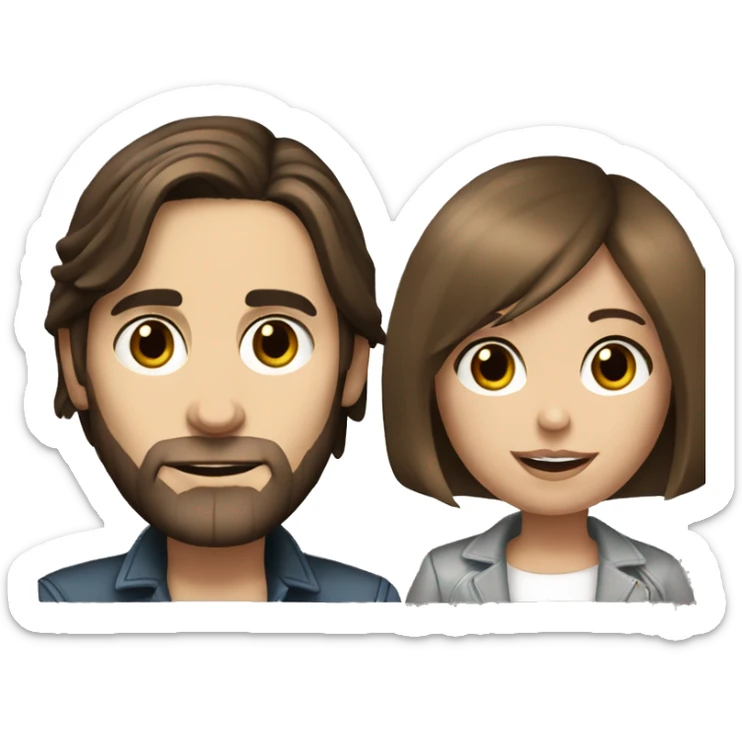 Jared Leto with a short, brown-haired girl with big brown eyes and a bob haircut sticker