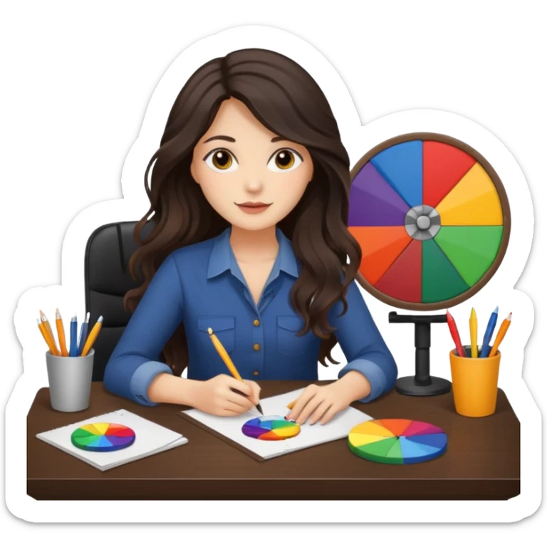 female dark wavy long hair graphic designer , holding color wheel , pens, papers, desktop sticker
