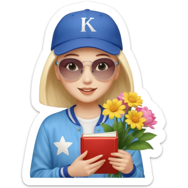 ["A happy girl with light skin, bald, wearing a baseball cap and sunglasses, dressed in K-pop fashion, is reading a book while holding a flower bouquet."] sticker