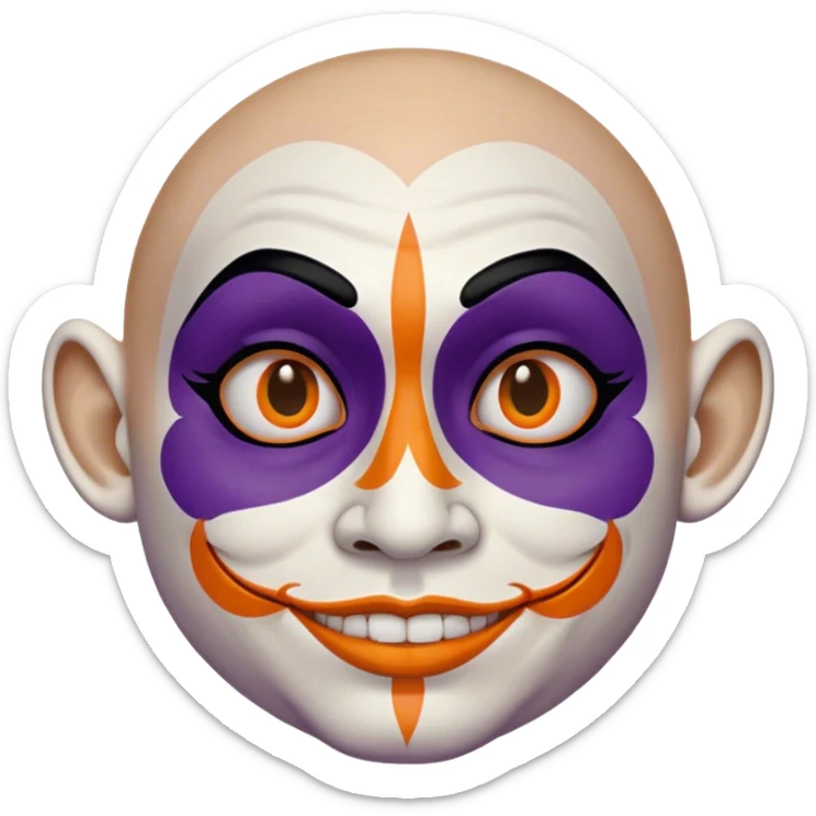 Juggalo smiley face that is Perfectly round and hairless with white skin with realistic human brown colored eyes and elaborate but symmetrical lined face paint from the top of the forehead down the sides of their chin to the bottom of their face that is orange outlined in dark purple sticker