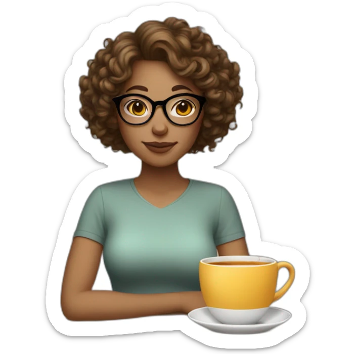 woman with curly short hair brown light skin and round glasses drinking tea sticker