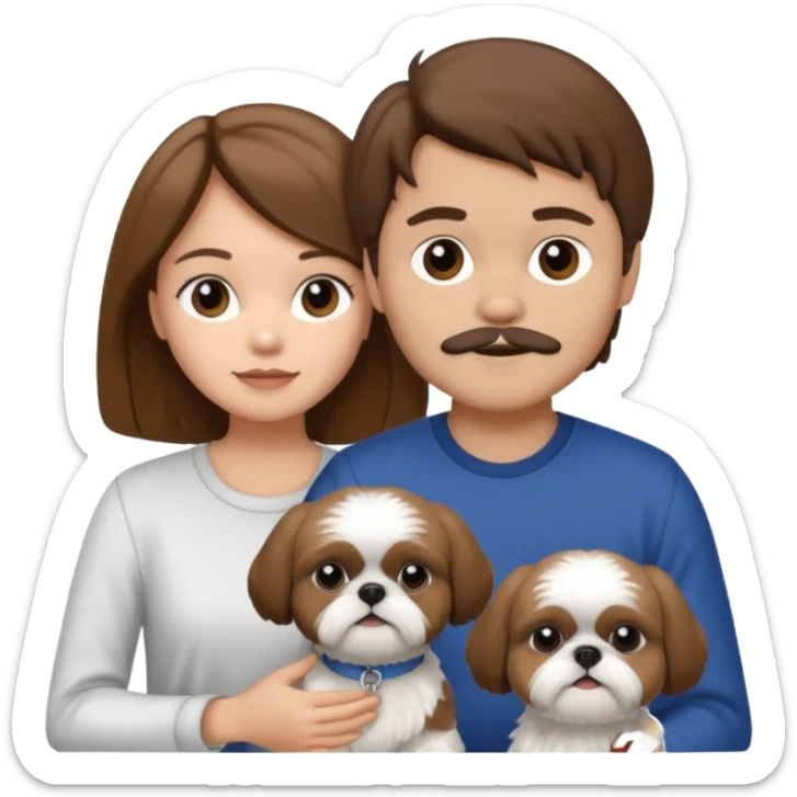 A couple boy and girl with brown hair both of them with two shih tzu dog black and white sticker