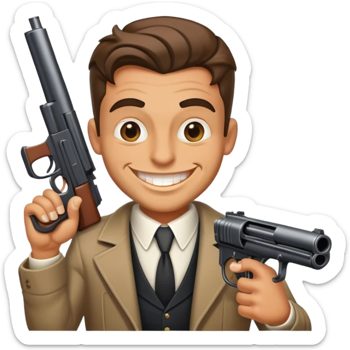 Gangster guy with a big gun with a wide grin on his face and moneybags sticker