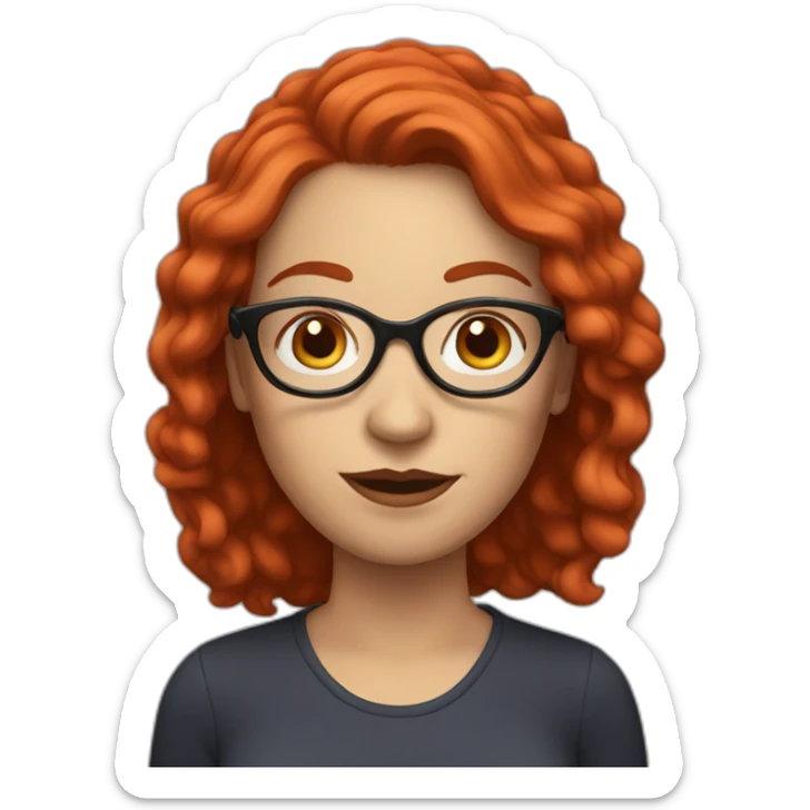 white woman with mid red hair and red glasses sticker