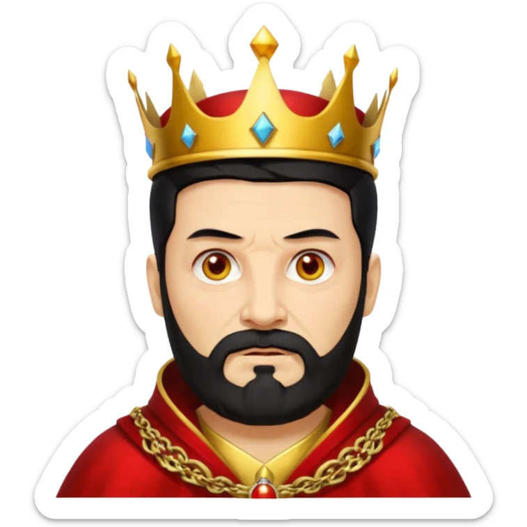 


an old king with yellow skin, red eyes, 60 years old, black hair, black beard, wearing a crown, red robe, fierce face
 sticker
