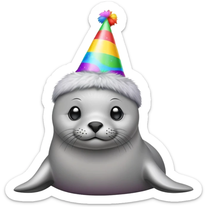A cute seal wearing a colorful party hat, similar to a sustainable fuel plant logo sticker