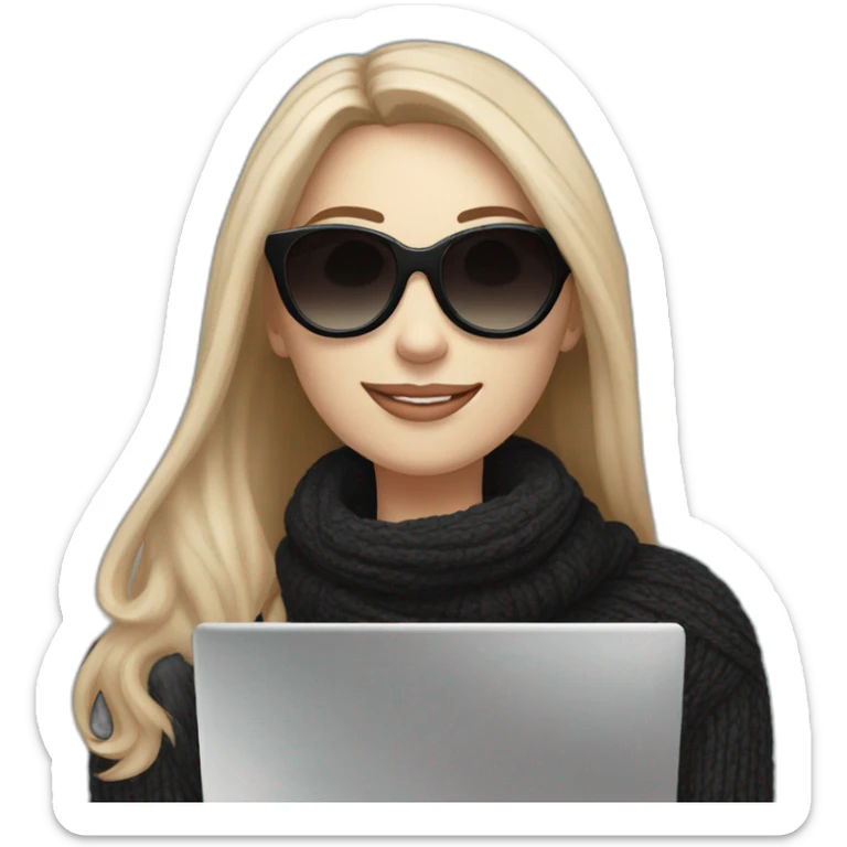 smiling woman with pale skin middle brown long straight hair with a laptop and a coffee mug wearing a black woolly shirt and a black woolly scarf wearing heart shaped black sunglasses sticker