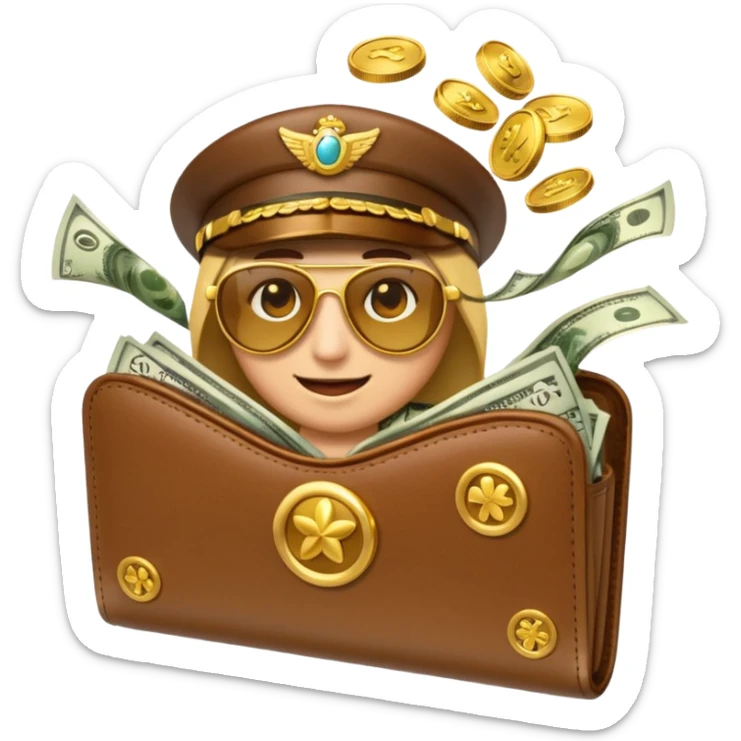 Aviator money emoji, wallet full of cash, casino vibe, premium 3D emoji style, clean, no background
 sticker