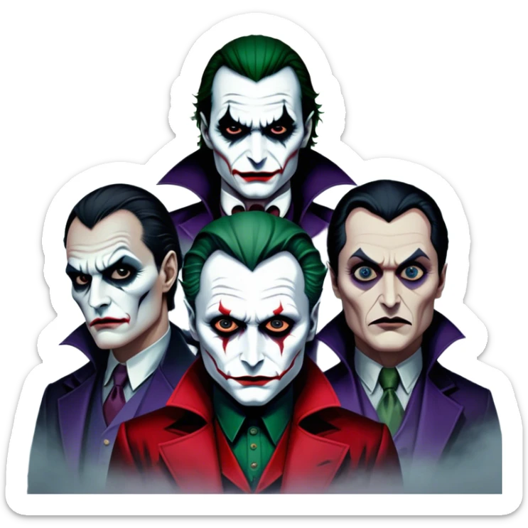 Thriller Movie Icon: A dark, intense collage with close-up images of iconic thriller characters like 1 Joker, 1 Hannibal Lecter, and 1 Vlad Dracula. The background features a moody Gotham City skyline, with shadowy figures and fog. Atmospheric, suspenseful tone. Transparent background. sticker