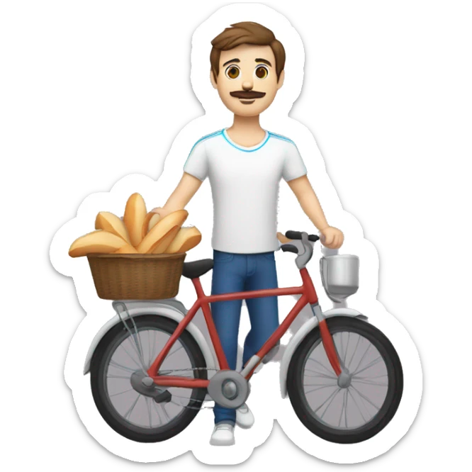 white man with brown hair a moustache and wearing a white t-shirt with several blue stripes, on a bike, wearing a red scarf and holding a baguette sticker