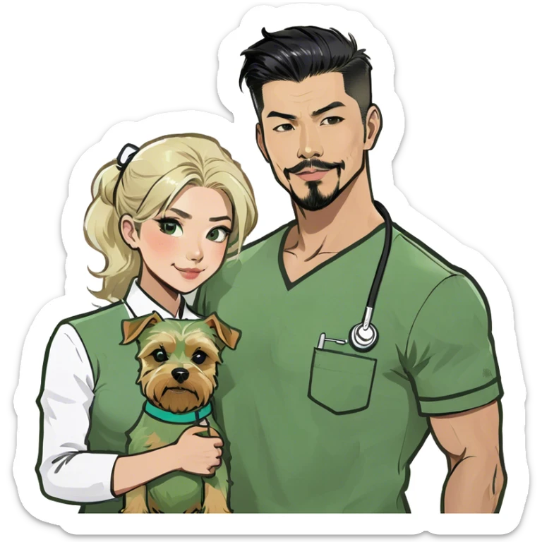 A blonde white nurse stands beside a handsome, muscular Korean man with black hair styled in a sharp point, a full goatee, and a blonde Yorkshire Terrier in his arms sticker