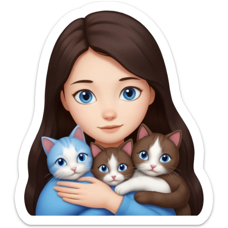 a girl with long dark 
brown hair, with blue eyes, hugs 3 different natural coloured cats sticker