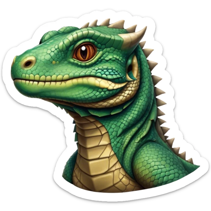 Cinematic Noble Komodo Dragon Lizard Portrait Emoji, Poised and regal, with a rugged, scaled body and powerful stance, deep-set intense eyes and textured, weathered skin, Simplified yet sharp and sophisticated features, highly detailed, glowing with a soft, ancient glow, high shine, intelligent and formidable, stylized with an air of primordial authority, focused and commanding, soft glowing outline, capturing the essence of a watchful and confident guardian that appears ready to stride out of the screen with timeless power! sticker