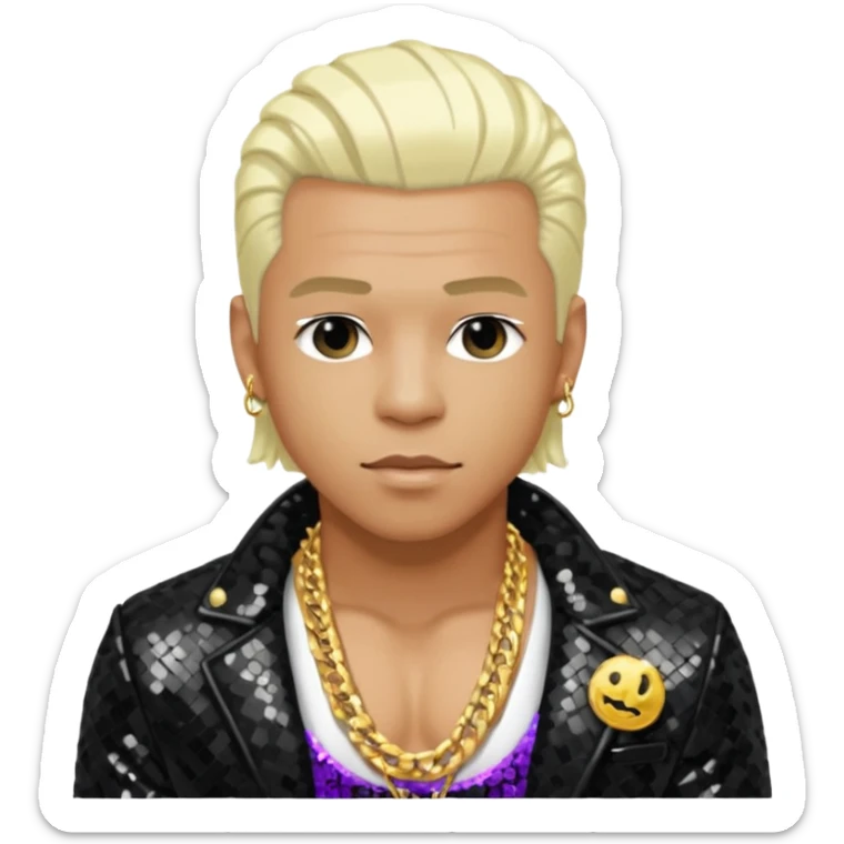 Sisqó with platinum blonde hair, black sequin jacket, shirtless with necklace sticker