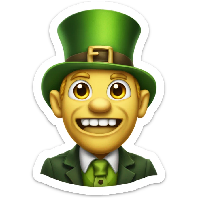 Leprechaun with laughably crossed eyes and an open mouth with crooked teeth. Just one yellow skin. Eyes more crossed. Whole body cross the eyes.  sticker