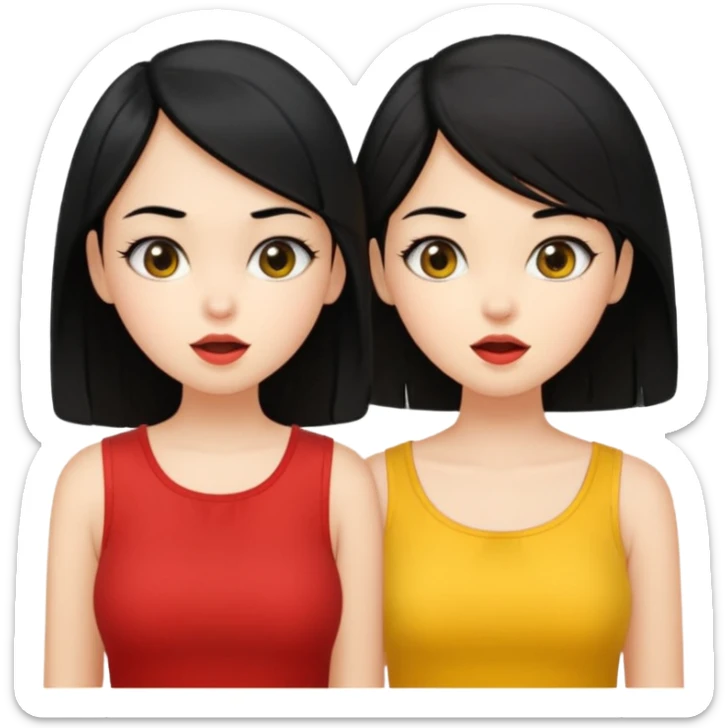 2 girls gossiping. both are fair and have black hair. One has short hair, one has long. One is wearing yellow, one is wearing red sticker