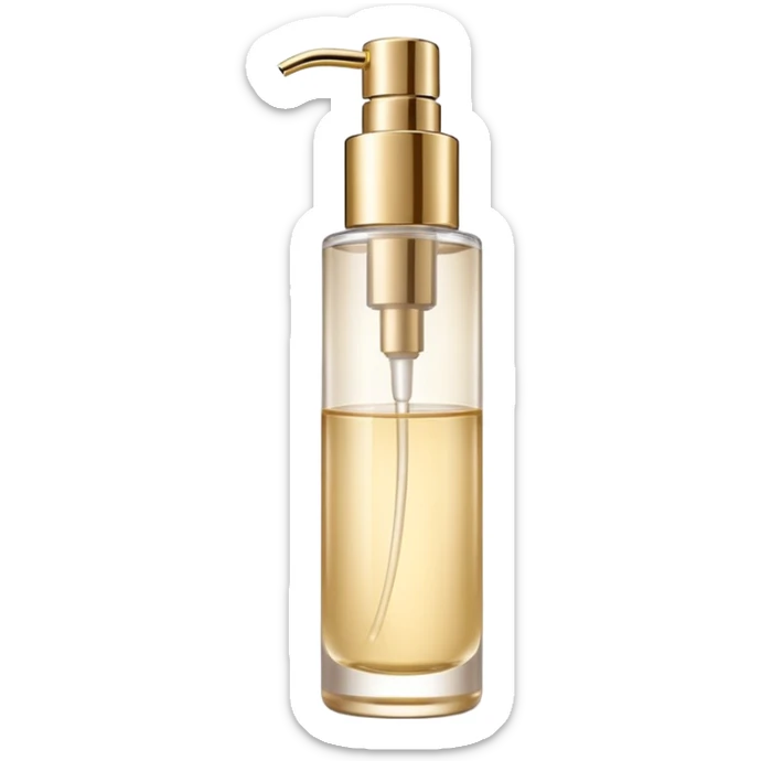 elegant semi-transparent pump bottle filled with pale golden to clear liquid, slightly glossy and lightweight, cylindrical bottle with curved pump top and clean lines, skincare product style, no label, no extras, soft lighting, subtle shadows, emoji scale sticker