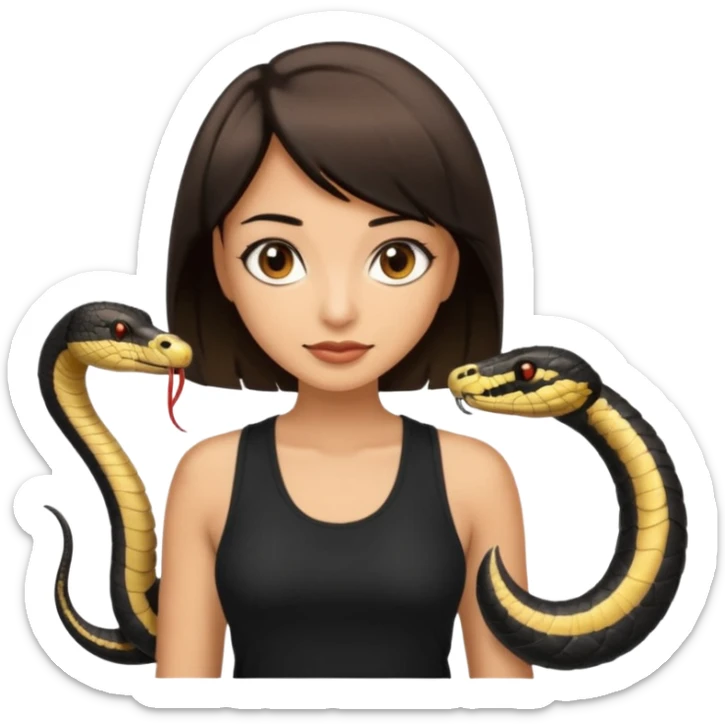 Femme brune yeux marron avec une coupe carré noir , femme couleur de peau typé, avec un cobra a côté , débardeur noir sticker