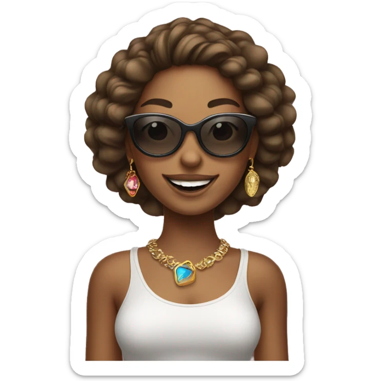 smiling girl in sunglasses with jewelry and lighter skin sticker