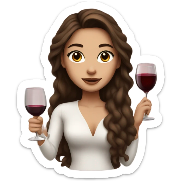rich girl with white skin, long brown hair, dark eyes, with makeup, with wine sticker