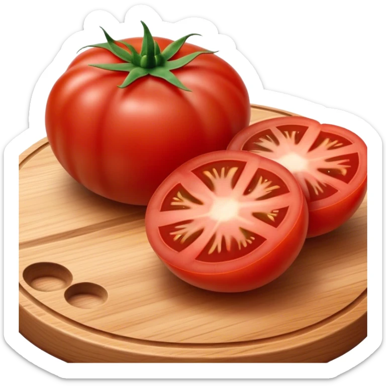 Cinematic juicy ripe tomatoe, deep red, slightly dewy, arranged on a wooden cutting board, soft glowing background, rich and flavorful. sticker