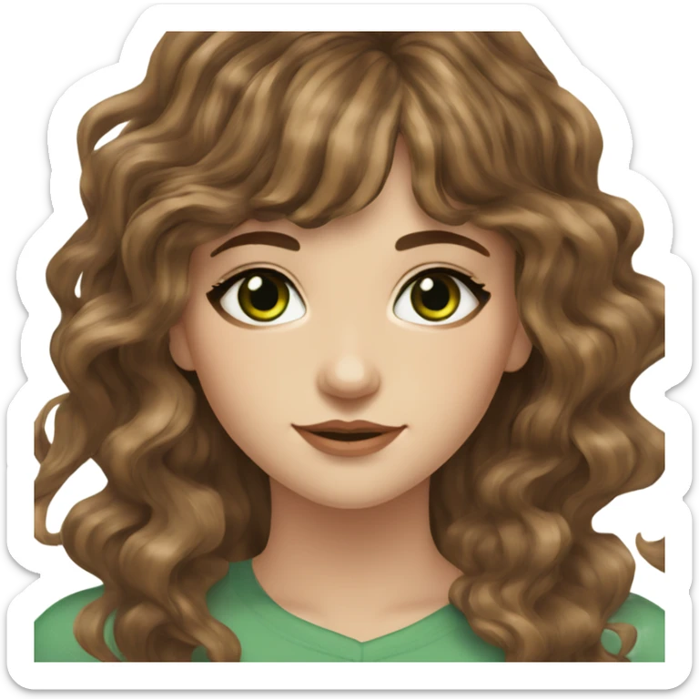 White girl green eyes with long wavy brown hair with brown highlights balayage bangs sticker