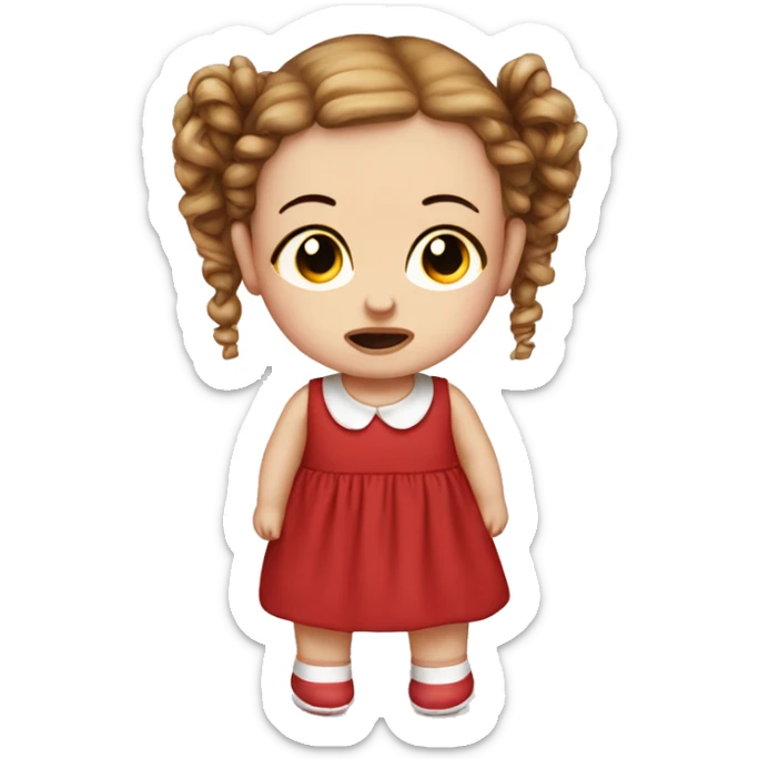 crying pale baby doll with red dress and curly brown pigtails sticker
