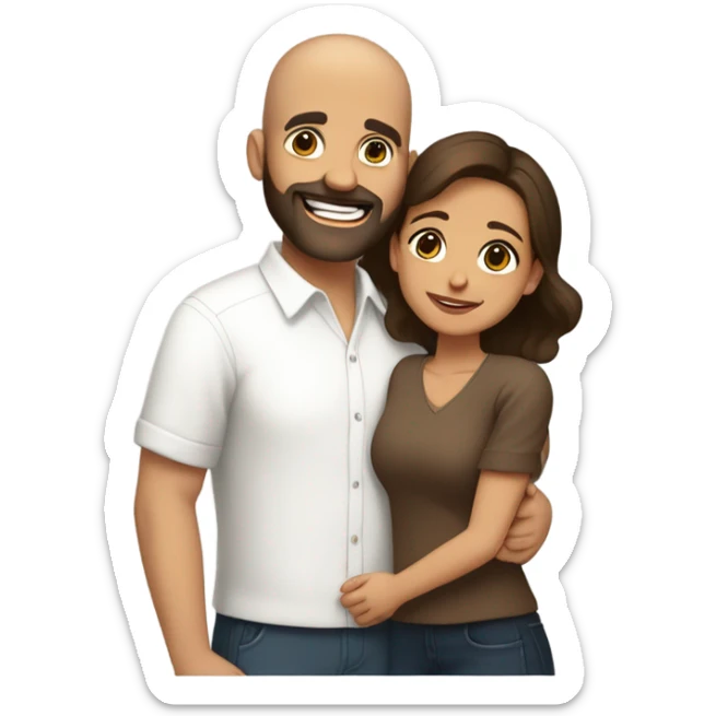 Brown-haired Puerto Rican woman with dark brown eyes wearing a cute blouse giving comforting hug to short, bald man with brown eyes, laugh lines, and a beard sticker