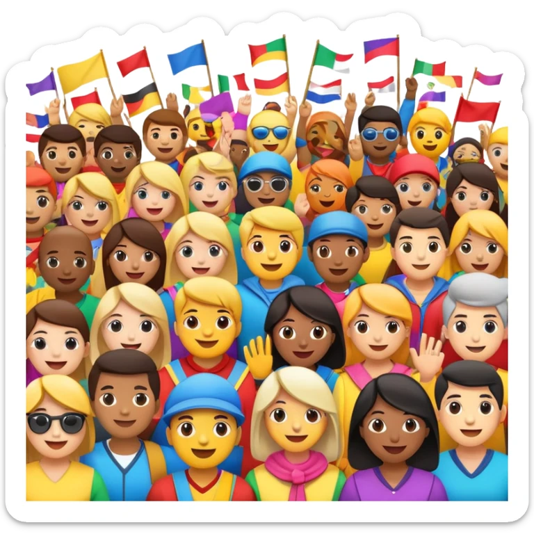 emoji festival with crowd of people, flags, music, joy sticker