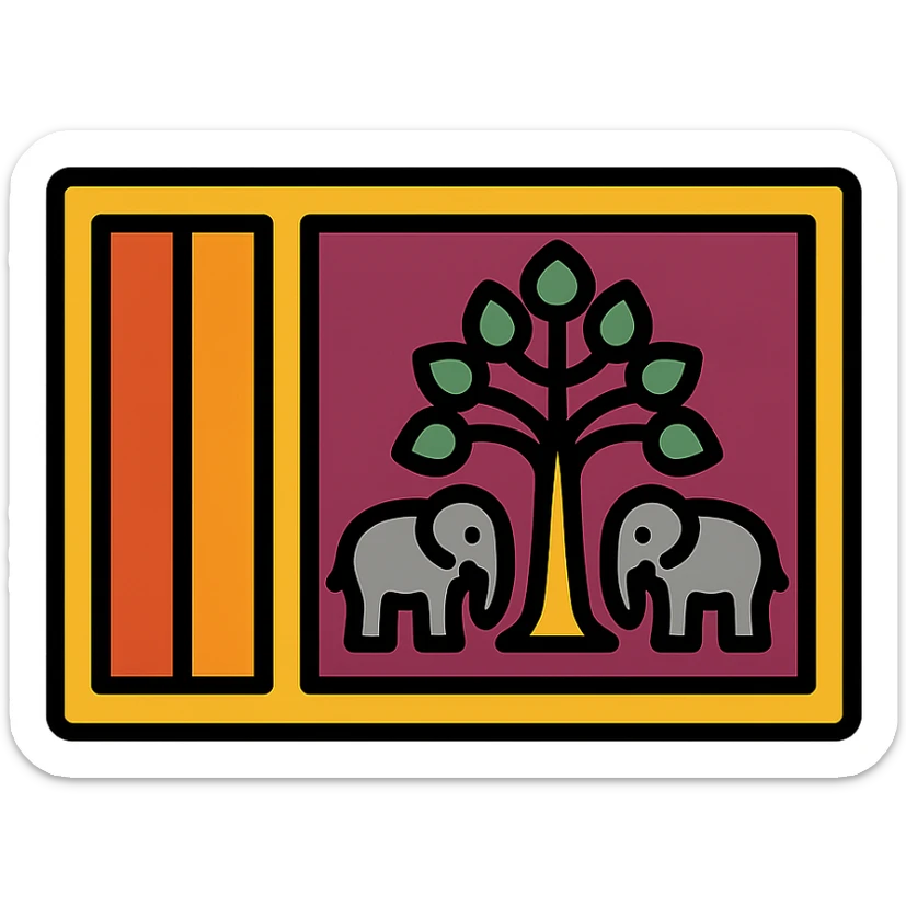flag with red and yellow stripes, central syrissa tree, elephants flanking the tree, bold iconic style sticker