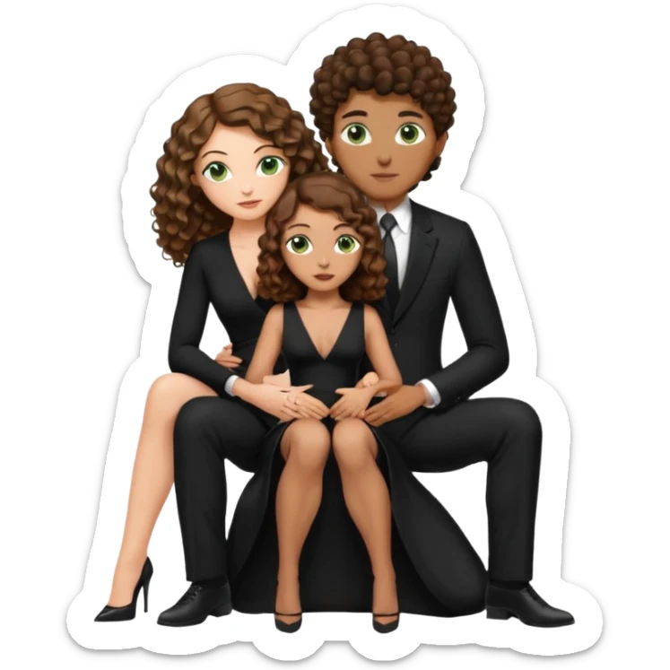 Sensual woman green eyes brown long curly hair evil occult,with 7 inch platform stripper high heels long low cut black dress, holding a tan man, sitting on a buzz cut hair brownman’s pimp lap, holdingwomans butt man is wearing a black suit sticker