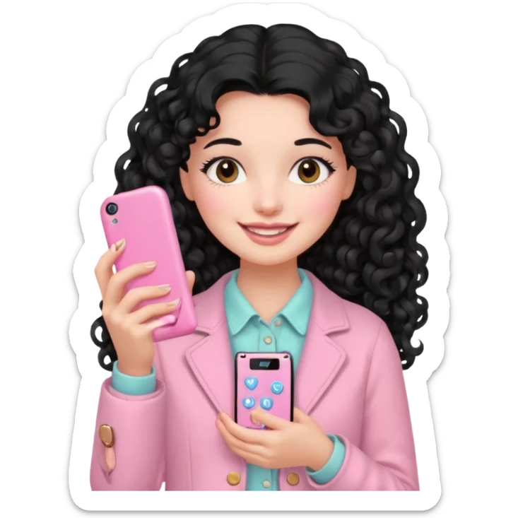 Girl with long curly black hair and vintage pastel pink clothing Holding a pink cell phone sticker