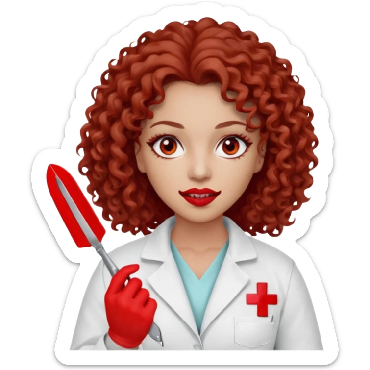 0Scary woman scalpel in hand, evil surgeon sexy surgeon clothes.  She has red eyes. Her  brown long curly hair. Wears sexy doctor outfit with red gloves. make her hair free and brown but she  wear mouth cover   to hide. Wears white surgeon jacket and  only   death long , long beown hair  sticker